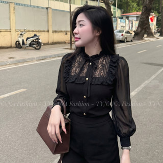 🔥 (HOT TREND) Áo Sơ Mi Nữ Đen Phối Ren Cổ Bèo Thanh Lịch - Áo Kiểu Tiểu Thư Gọn Dáng Hàn Quốc Tôn Dáng Cao Cấp |590