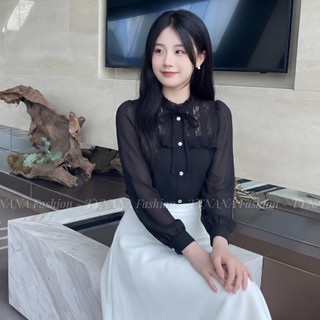 🔥 (HOT TREND) Áo Sơ Mi Nữ Đen Phối Ren Cổ Bèo Thanh Lịch - Áo Kiểu Tiểu Thư Gọn Dáng Hàn Quốc Tôn Dáng Cao Cấp |590