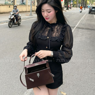 🔥 (HOT TREND) Áo Sơ Mi Nữ Đen Phối Ren Cổ Bèo Thanh Lịch - Áo Kiểu Tiểu Thư Gọn Dáng Hàn Quốc Tôn Dáng Cao Cấp |590