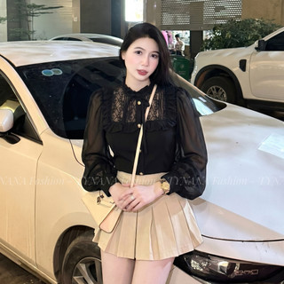 🔥 (HOT TREND) Áo Sơ Mi Nữ Đen Phối Ren Cổ Bèo Thanh Lịch - Áo Kiểu Tiểu Thư Gọn Dáng Hàn Quốc Tôn Dáng Cao Cấp |590