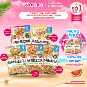 Combo 3 vị cháo ăn dặm WAKODO cho bé 9 tháng tuổi (Thịt Bò, Cơm Risotto, Thịt heo) 80G