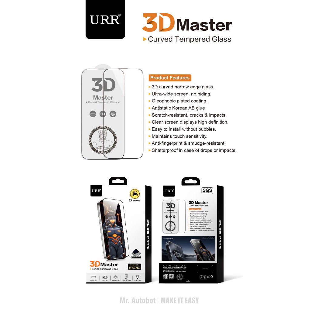 Kính Cường Lực AUTOBOT URR 3D Master – Kính cường lực mép mỏng bo cong 3D chống bám vân dành cho IP 17/16/15/14/pro/max