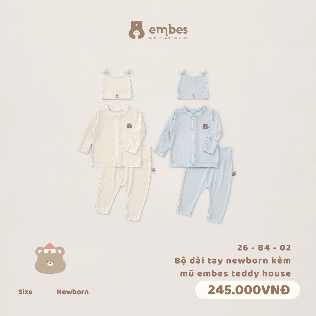 Bộ Sơ Sinh Embes, Bộ Dài Tay Sơ Sinh Cài Thẳng Kèm Mũ Chất Bamboo Mềm Mát Cho Bé Sơ Sinh Từ 0-3Tháng