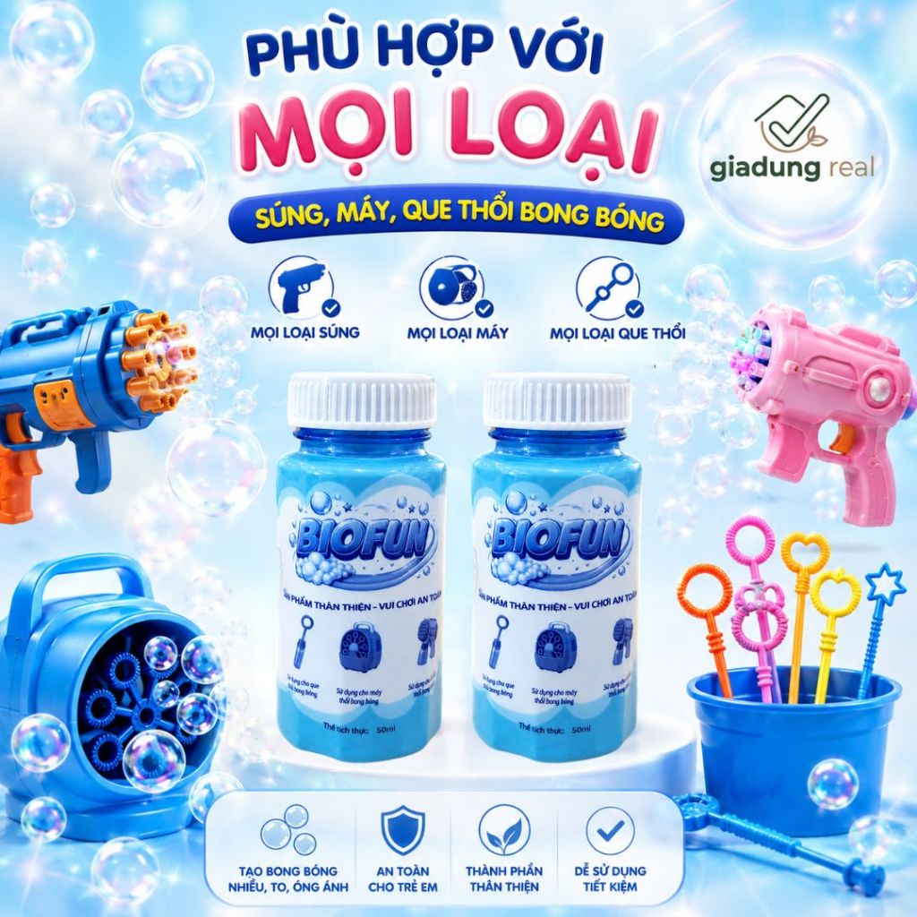 Lọ nước thổi bong bóng xà phòng Biofun 50ml có thể gắn trực tiếp vào máy bắn bubble
