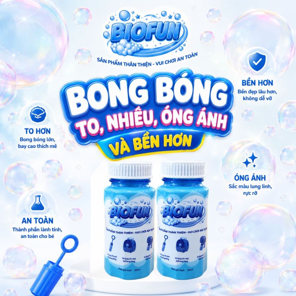 Nước bong bóng xà phòng sinh học Biofun 50ml an toàn cho bé sử dụng cho mọi loại súng máy que thổi Bubble