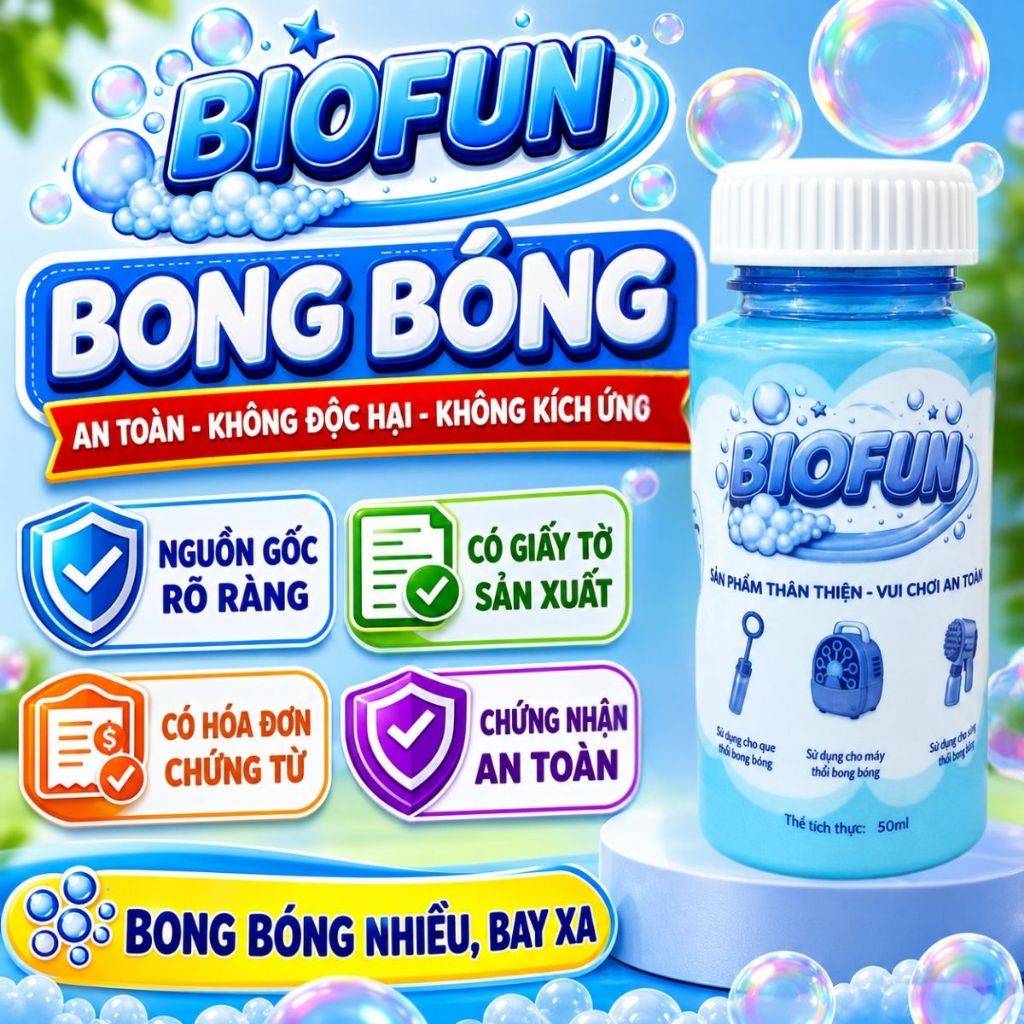 Nước bong bóng xà phòng sinh học Biofun 50ml an toàn cho bé sử dụng cho mọi loại súng máy que thổi Bubble