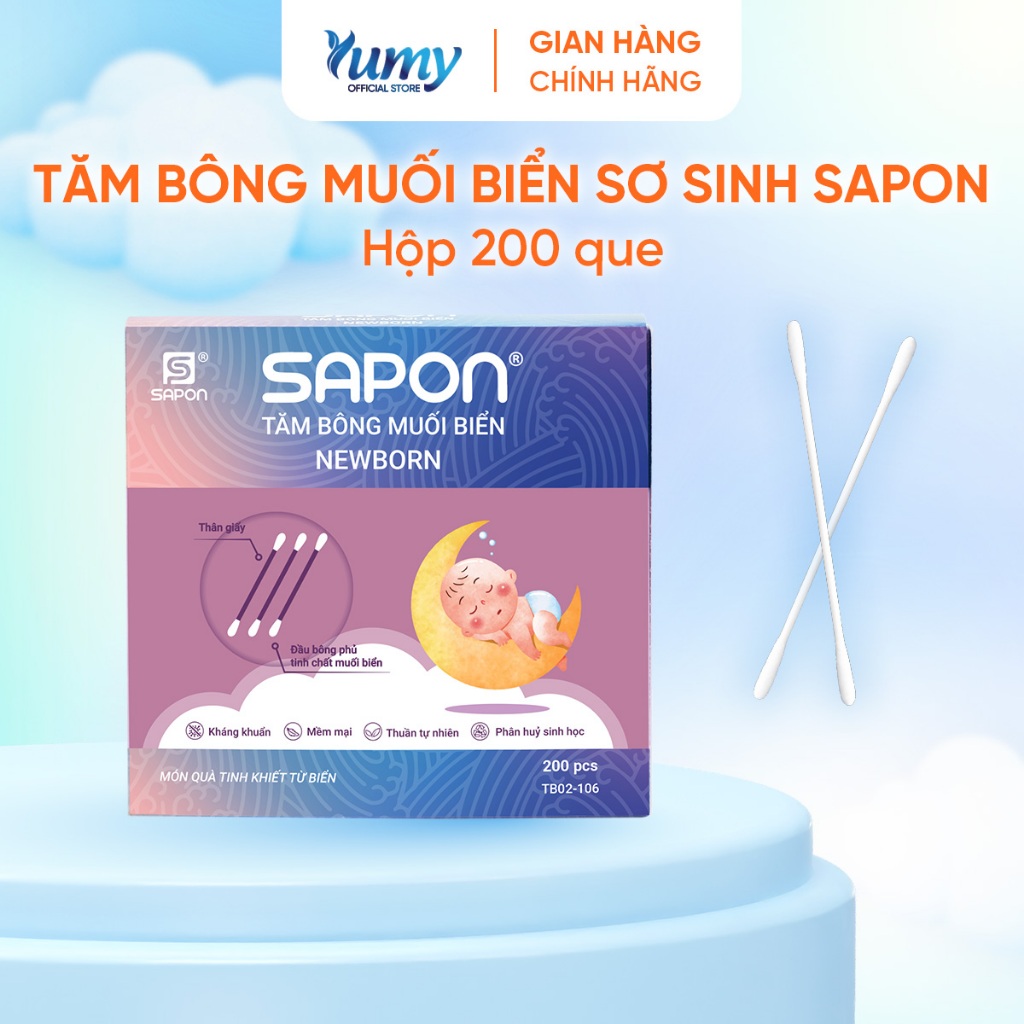 Combo 10 hộp Tăm bông cho bé sơ sinh SAPON NewBorn 200 que thân giấy đầu siêu nhỏ bông mềm(TB02-106)