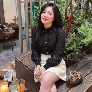 (ÁO CÔNG SỞ NỮ )Áo Sơ Mi Nữ Đen Phối Ren Cổ Nơ Thanh Lịch Tôn Dáng - Áo Công Sở Tay Dài Tiểu Thư Hàn Quốc Cao Cấp 610