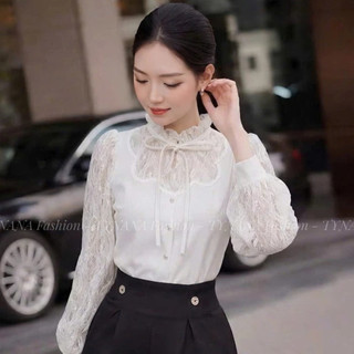 (ÁO SANG CHẢNH)Áo Sơ Mi Nữ Ren Trắng Cổ Nơ Thanh Lịch Tôn Dáng - Áo Công Sở Tay Dài Tiểu Thư Hàn Quốc Cao Cấp 611