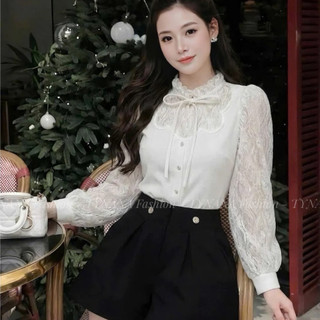 (ÁO SANG CHẢNH)Áo Sơ Mi Nữ Ren Trắng Cổ Nơ Thanh Lịch Tôn Dáng - Áo Công Sở Tay Dài Tiểu Thư Hàn Quốc Cao Cấp 611