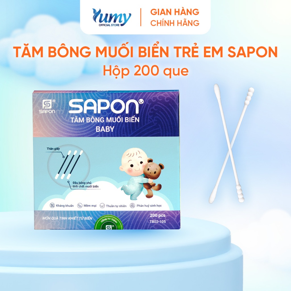 Combo 10 hộp Tăm bông trẻ em kháng khuẩn SAPON Baby hộp 200 que thân giấy an toàn cho bé (TB02-105)