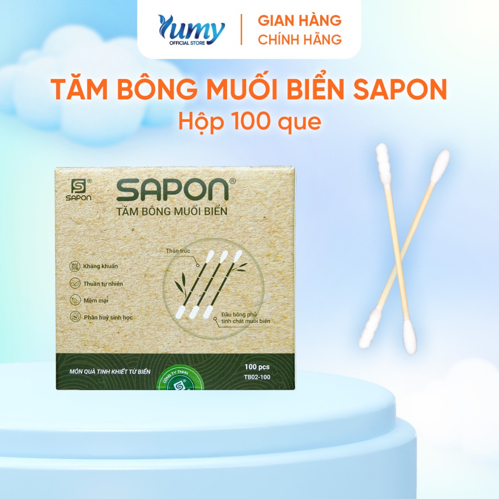 Combo 20 hộp Tăm bông muối biển SAPON 100 que thân trúc bông kháng khuẩn mềm mịn an toàn (TB02_100)