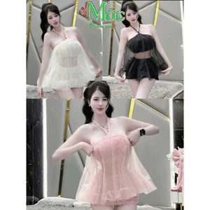 Set bộ đùi, Set TK sang chảnh áo kiểu yếm Ren hoa hồng phối lưới xuyên thấu kèm short hoa nổi_AXT