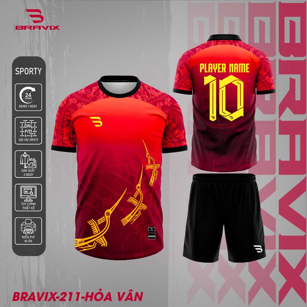 BRAVIX ÁO KHÔNG LOGO Hỏa Vân – Bộ Quần Áo Bóng Đá Thiết Kế Độc Quyền, Concept Riêng, Vải Mè Caro Dri-FIT Cao Cấp, Thấm H