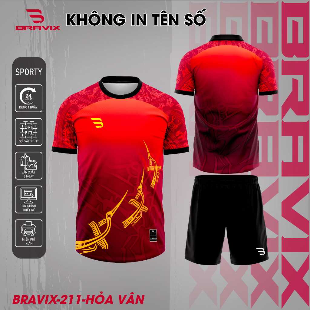 BRAVIX ÁO KHÔNG LOGO Hỏa Vân – Bộ Quần Áo Bóng Đá Thiết Kế Độc Quyền, Concept Riêng, Vải Mè Caro Dri-FIT Cao Cấp, Thấm H