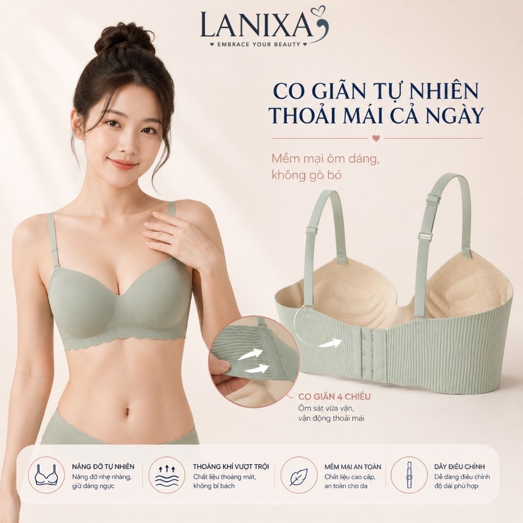 Áo ngực nữ không gọng đệm mút bàn tay nâng ngực tạo khe gợi cảm, Áo lót đúc su cao cấp LANIXA A5277