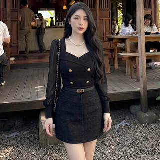 (HOT TREND) Áo Kiểu Nữ Đen Cổ Tim Phối Khuy Sang Chảnh - Áo Tôn Dáng Thon Eo Thanh Lịch Phong Cách Hàn Quốc Cao Cấp 700