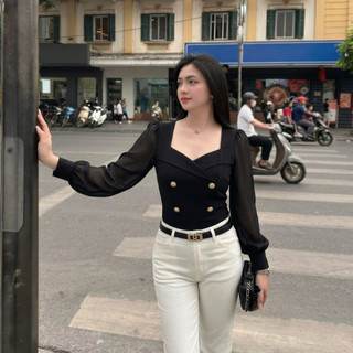 (HOT TREND) Áo Kiểu Nữ Đen Cổ Tim Phối Khuy Sang Chảnh - Áo Tôn Dáng Thon Eo Thanh Lịch Phong Cách Hàn Quốc Cao Cấp 700