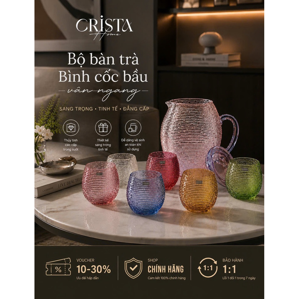 Bộ Bình Cốc Bầu Vân Ngang Crista Home 1.7L + 6 Cốc 300ML Bộ Bàn Trà Cao