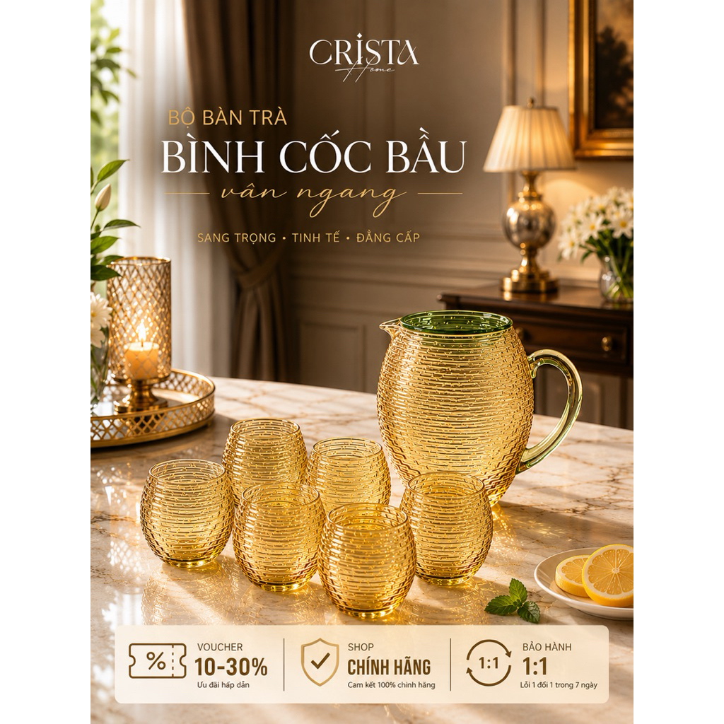 Bộ Bình Cốc Bầu Vân Ngang Crista Home 1.7L + 6 Cốc 300ML Bộ Bàn Trà Cao