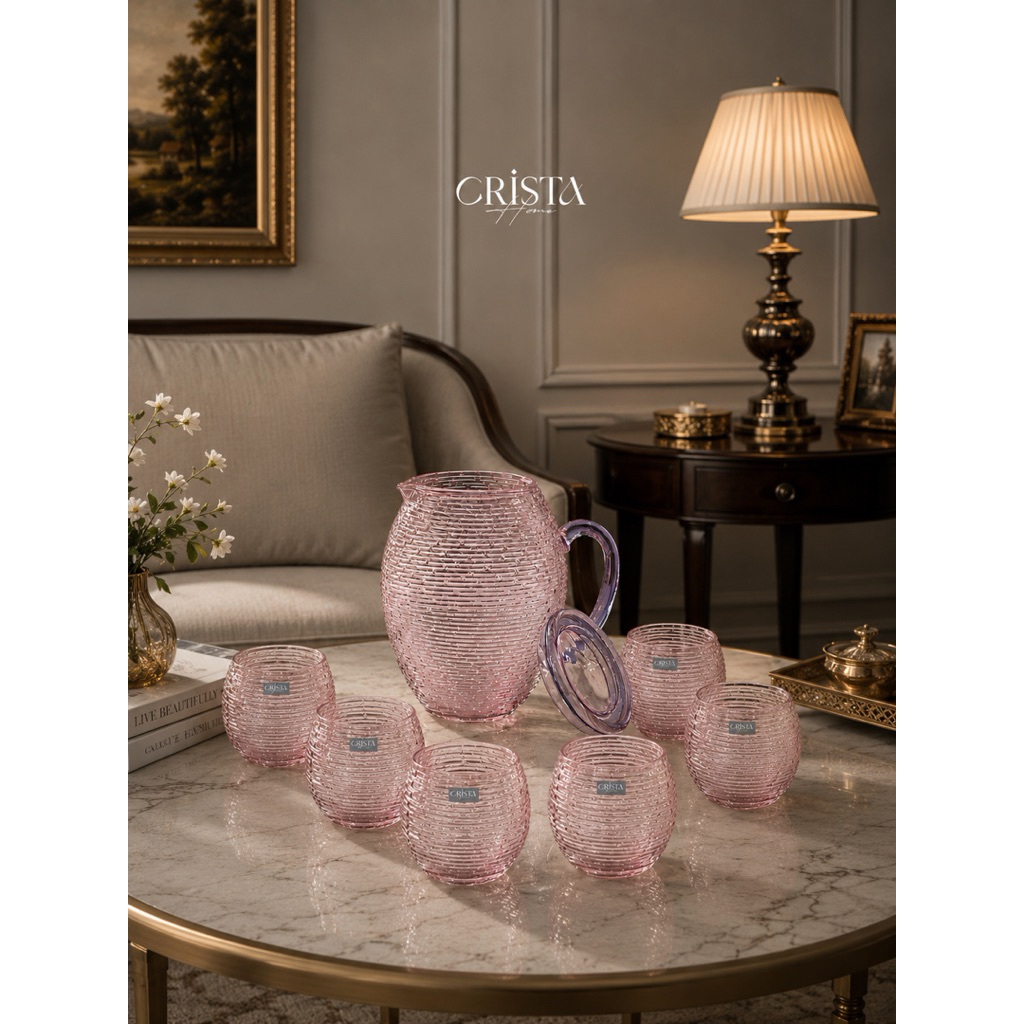Bộ Bình Cốc Bầu Vân Ngang Crista Home 1.7L + 6 Cốc 300ML Bộ Bàn Trà Cao