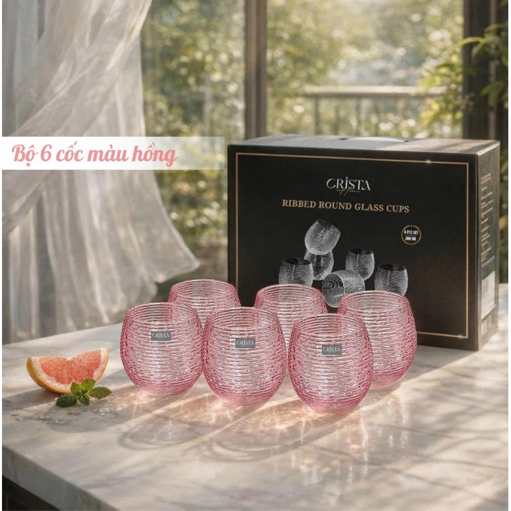 Bộ Bình Cốc Bầu Vân Ngang Crista Home 1.7L + 6 Cốc 300ML Bộ Bàn Trà Cao