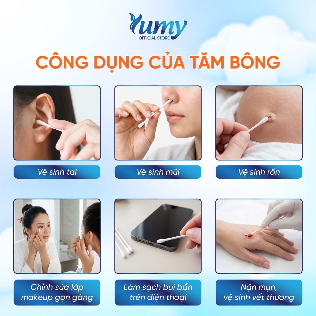 Combo 10 hộp Tăm bông cho trẻ sơ sinh YUMY đầu bông siêu nhỏ, 280 chiếc thân giấy an toàn (TB11_127)