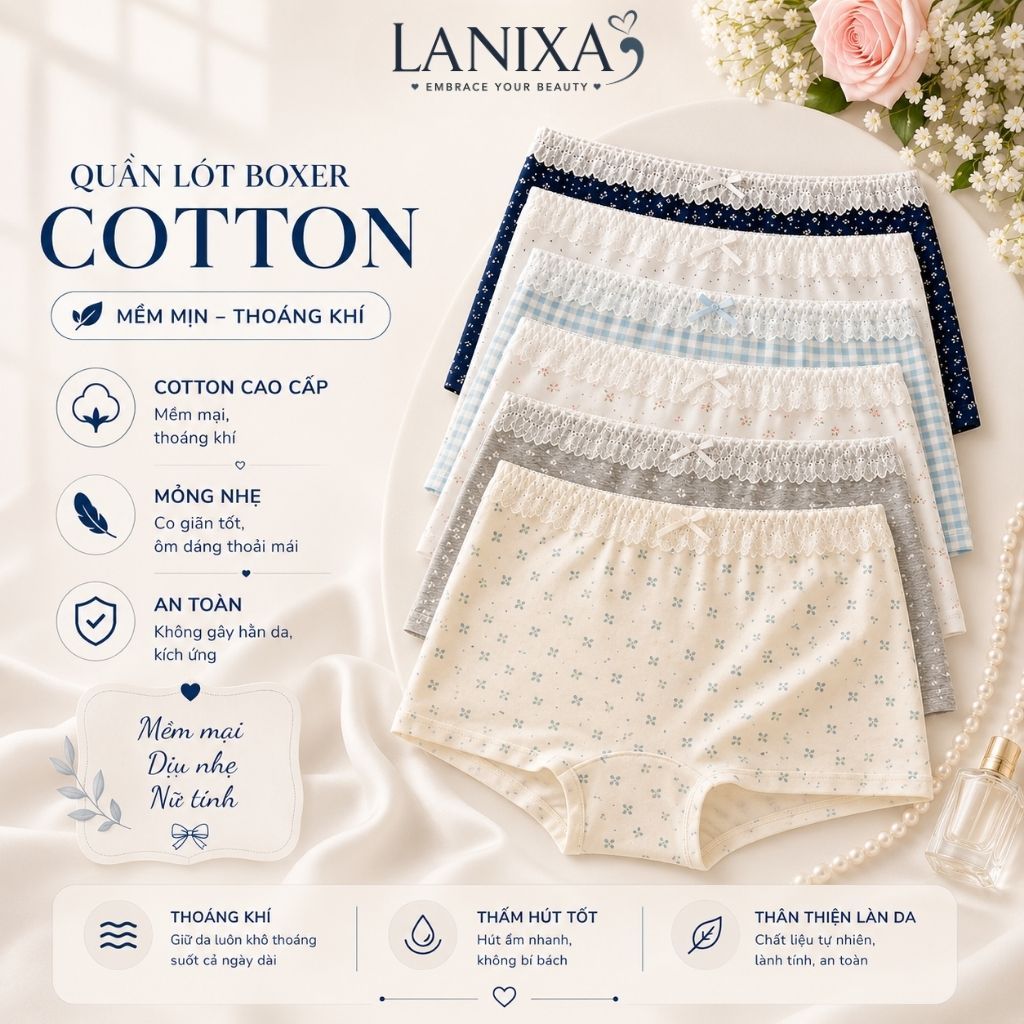 Quần lót nữ cotton cao cấp dáng boxer viền ren sang trọng họa tiết hoa nhí xinh xắn cute LANXA L5522