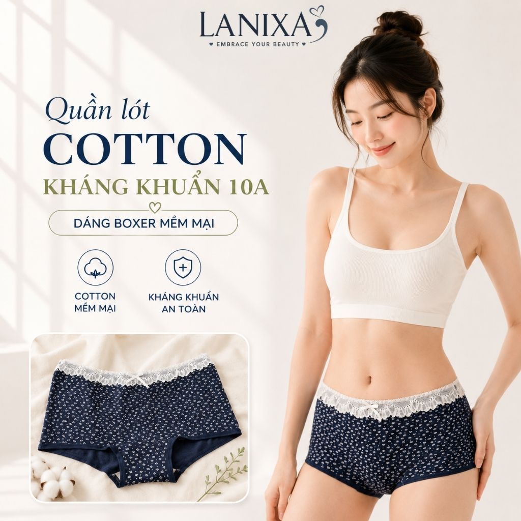 Quần lót nữ cotton cao cấp dáng boxer viền ren sang trọng họa tiết hoa nhí xinh xắn cute LANXA L5522