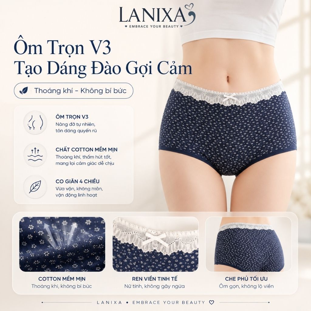 Quần lót nữ cotton cao cấp dáng boxer viền ren sang trọng họa tiết hoa nhí xinh xắn cute LANXA L5522