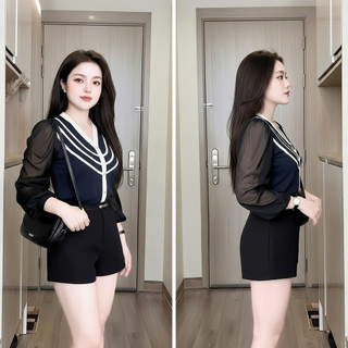 Áo Sơ Mi Kiểu Nữ Đen Phối Viền Trắng Thiết Kế Cổ Tim Tôn Dáng Công Sở|A91
