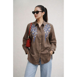 SWANLAKE | Áo Sơ Mi Nữ Chất Vải Linen Tưng Premium Cao Cấp Tay Dài Thêu Hoa Thanh Lịch A13696
