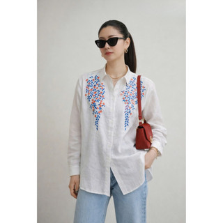 SWANLAKE | Áo Sơ Mi Nữ Chất Vải Linen Tưng Premium Cao Cấp Tay Dài Thêu Hoa Thanh Lịch A13696