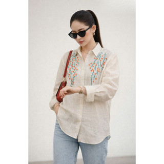 SWANLAKE | Áo Sơ Mi Nữ Chất Vải Linen Tưng Premium Cao Cấp Tay Dài Thêu Hoa Thanh Lịch A13696