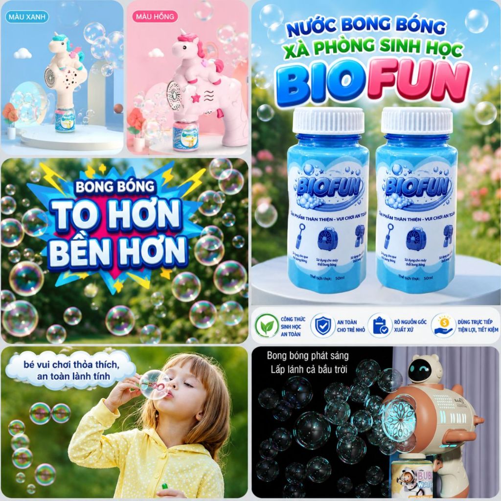 Lọ nước bong bóng xà phòng sinh học Biofun an toàn cho bé phù hợp với mọi loại que súng máy thổi