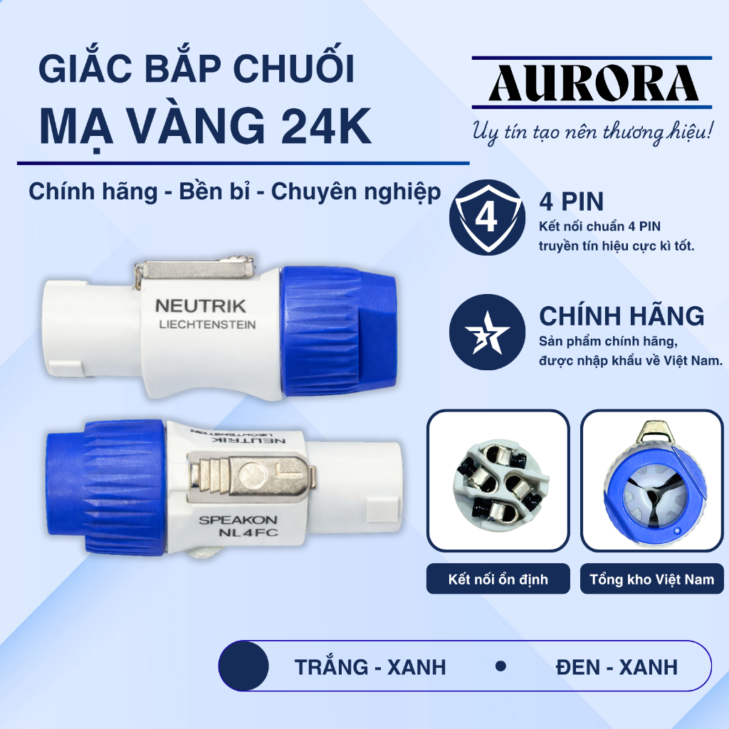 Jack Loa Neutrik NL4FC trắng xanh  – Đầu nối Speakon 4 pin – Kết nối ổn định, không rè