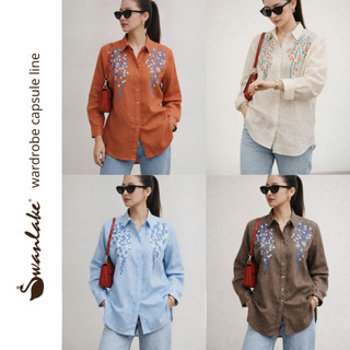 SWANLAKE | Áo Sơ Mi Nữ Chất Vải Linen Tưng Premium Cao Cấp Tay Dài Thêu Hoa Thanh Lịch A13696
