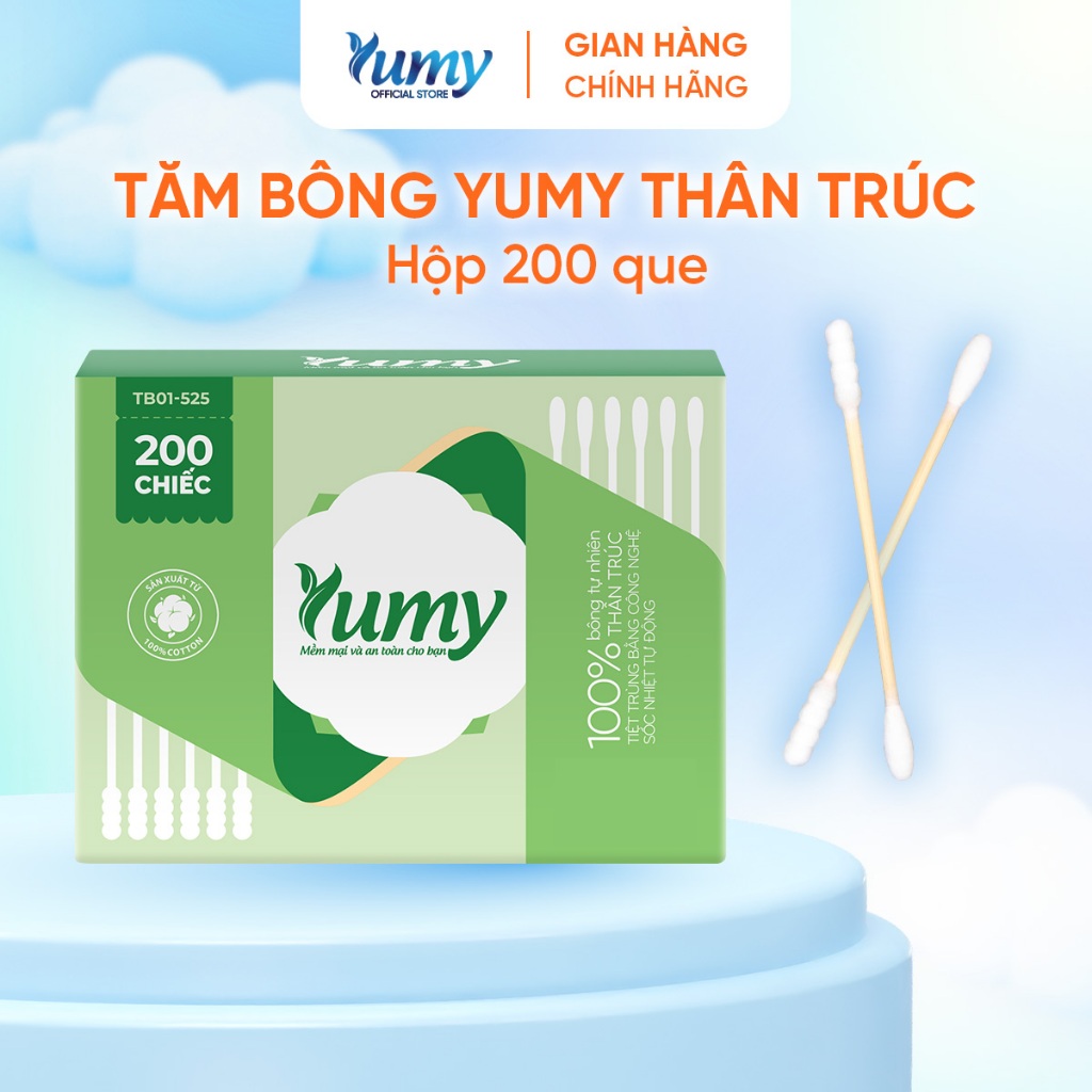 Combo 10 hộp Tăm bông YUMY thân trúc 200 chiếc đầu tròn xoắn, hộp tiện lợi cho người lớn (TB11_525)