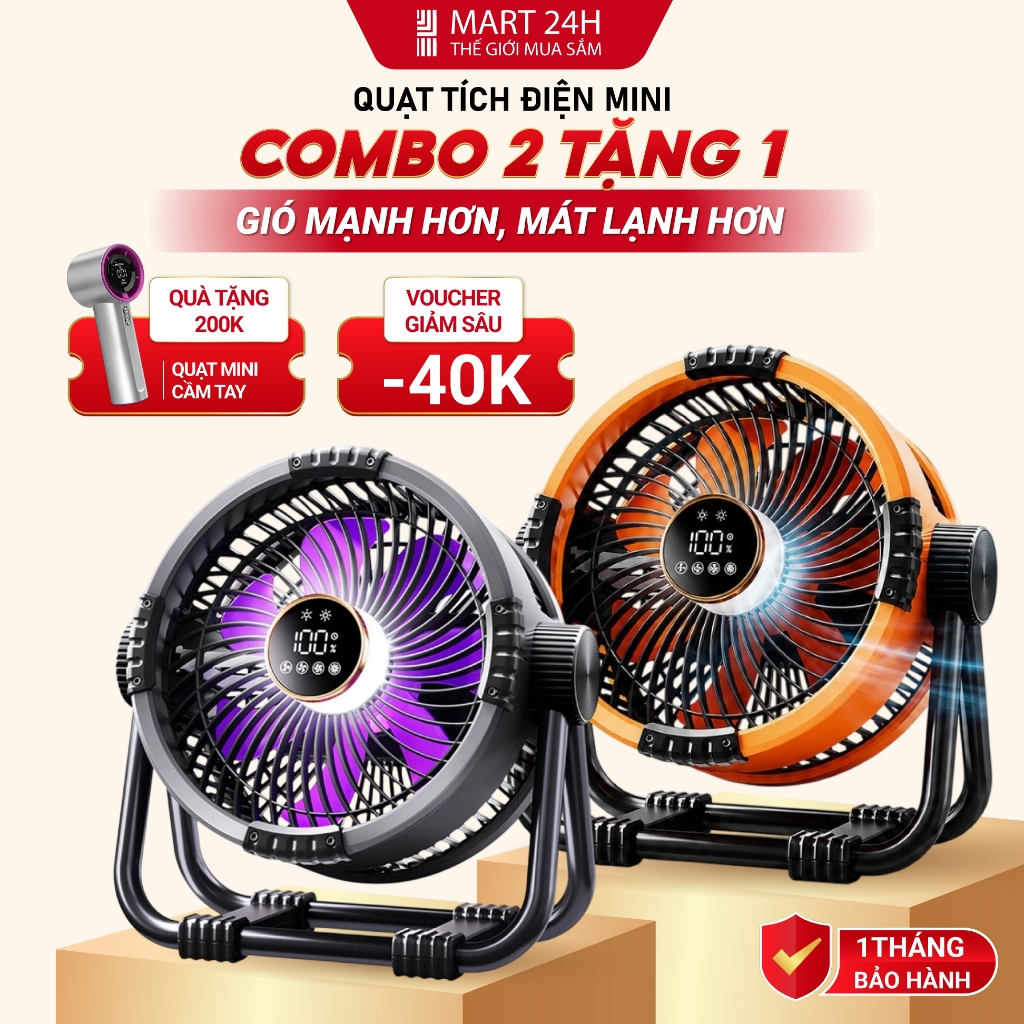 [COMBO 2 QUẠT] Quạt Tích Điện 20000mAh TS2285 MART24H Mát Lạnh 20 độ Dùng Liên Tục 15 Giờ BH 1 Tháng