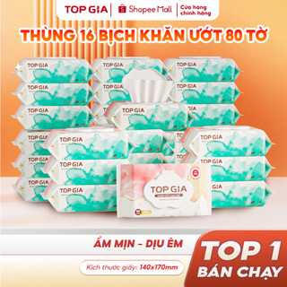 [MỚI] Thùng 16 bịch khăn ướt cao cấp Topgia 80 tờ mềm mại, không mùi không parabens dành cho em bé