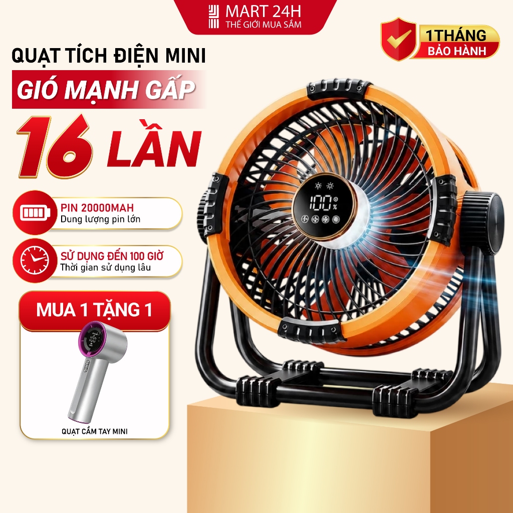 Quạt Tích Điện Mini 20000mAh TS2285 MART24H Màu Cam Gió Mạnh 10m dùng liên tục 15h BH 1 tháng