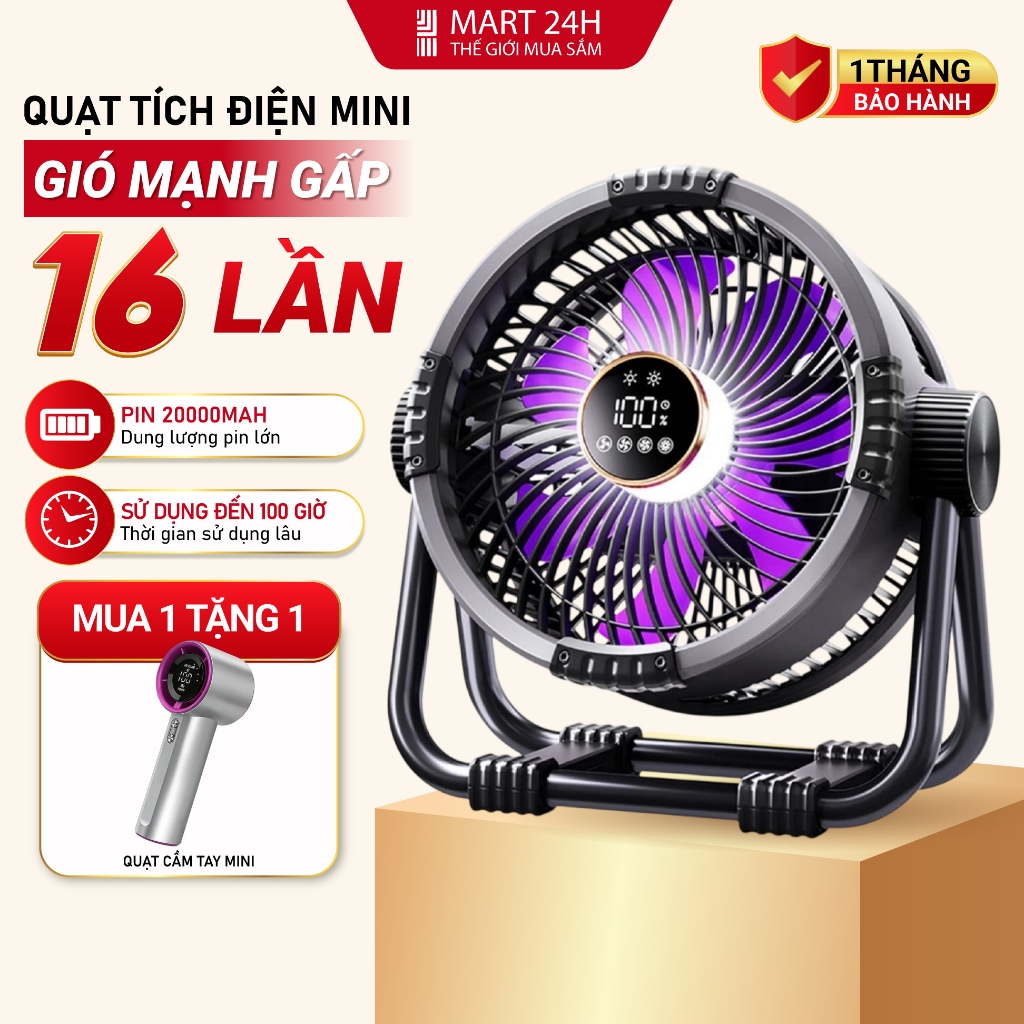 Quạt Tích Điện 20000mAh TS2285 MART24H TÍM THAN Gió Mạnh 10m dùng liên tục 15h BH 1 tháng