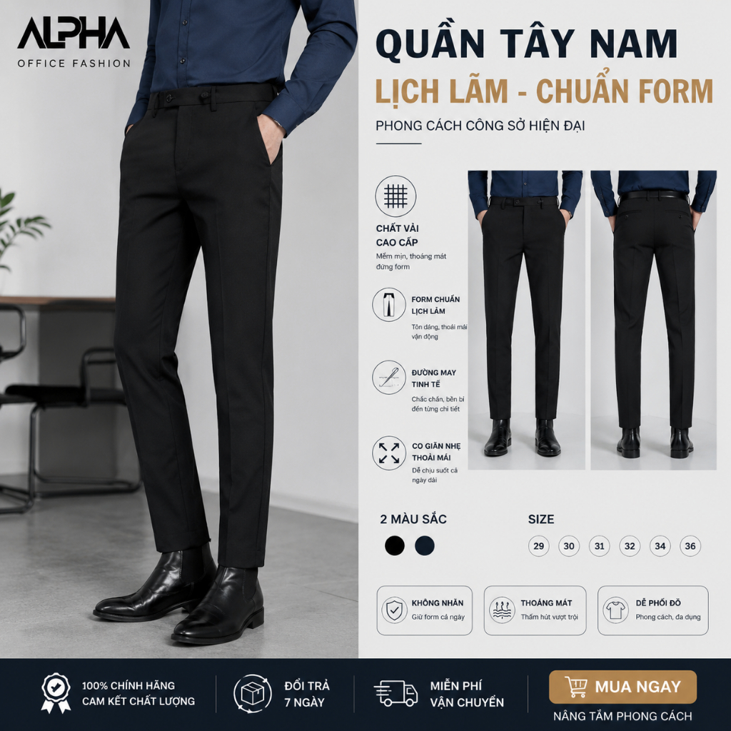 Quần Tây Nam Công Sở Gen Alpha Slimfit – Quần Âu Nam Cao Cấp Co Giãn Hàn Quốc Vải Chéo Dày Mịn Đen