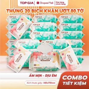 Thùng 20bịch khăn ướt TopGia 80 tờ mềm mại,không mùi không parabens dành cho em bé