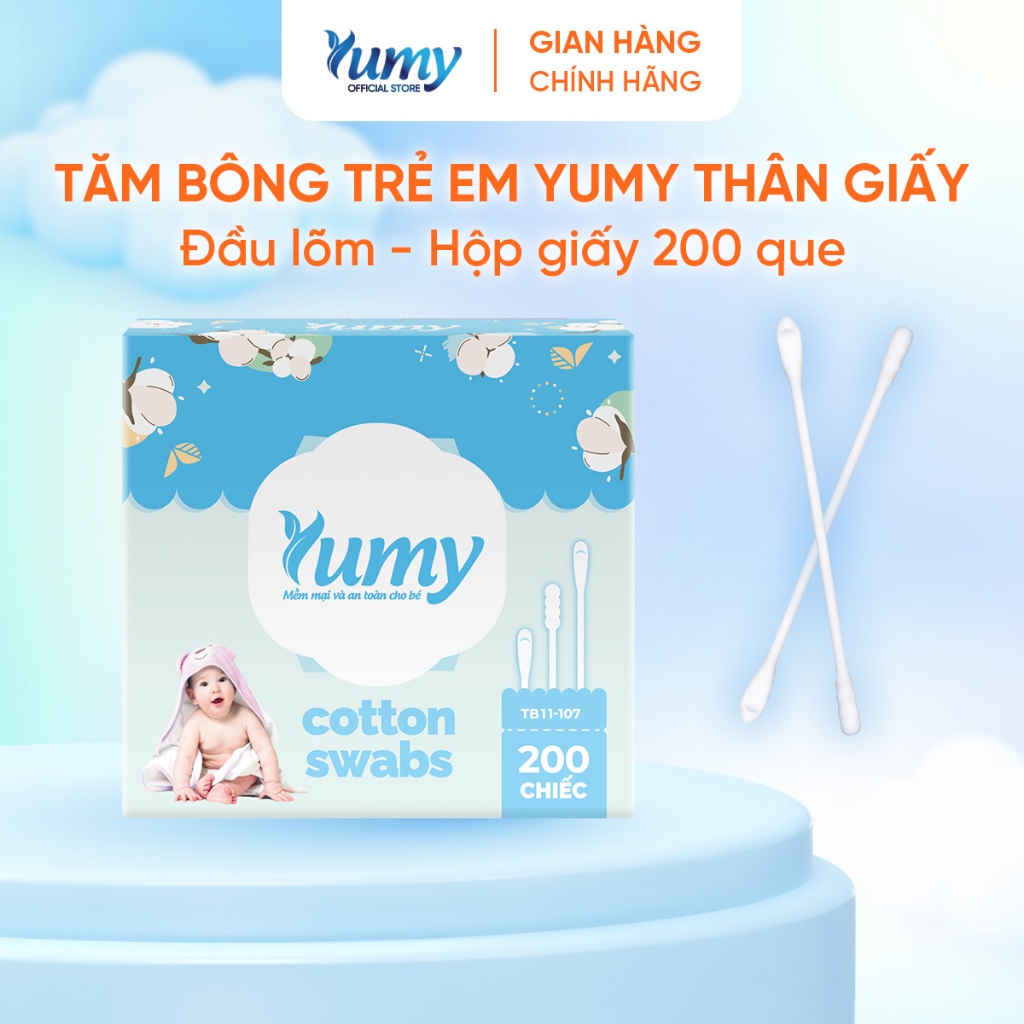 Combo 10 hộp Tăm bông trẻ em YUMY đầu dẹt lõm 200 chiếc/hộp thân giấy tiện lợi an toàn (TB14_107)