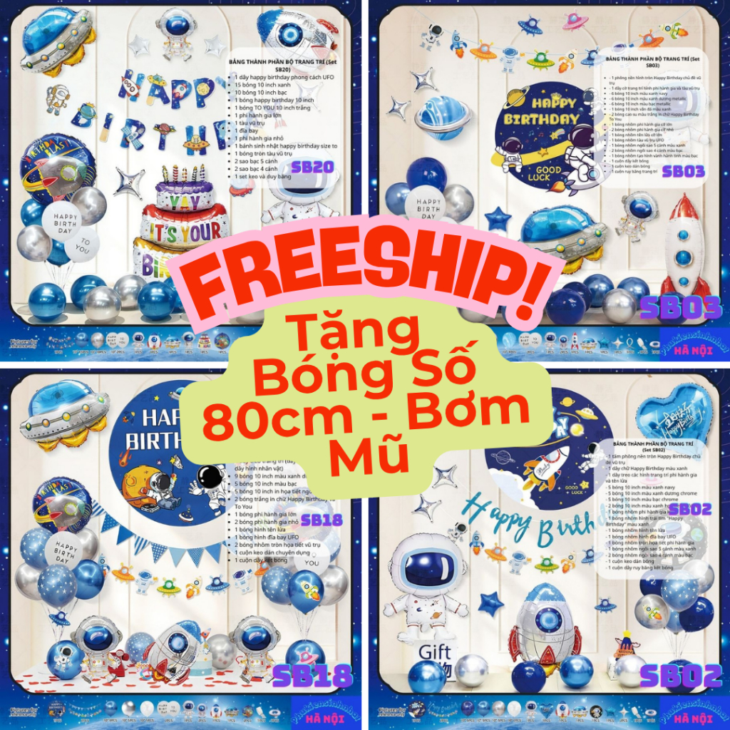 [TẶNG SỐ 80CM, BƠM, MŨ] Set Sinh Nhật Chủ Đề Vũ Trụ, Phi Hành Gia, Tàu Vũ Trụ Dành Cho Bé Trai Đầy Đủ Phụ Kiện