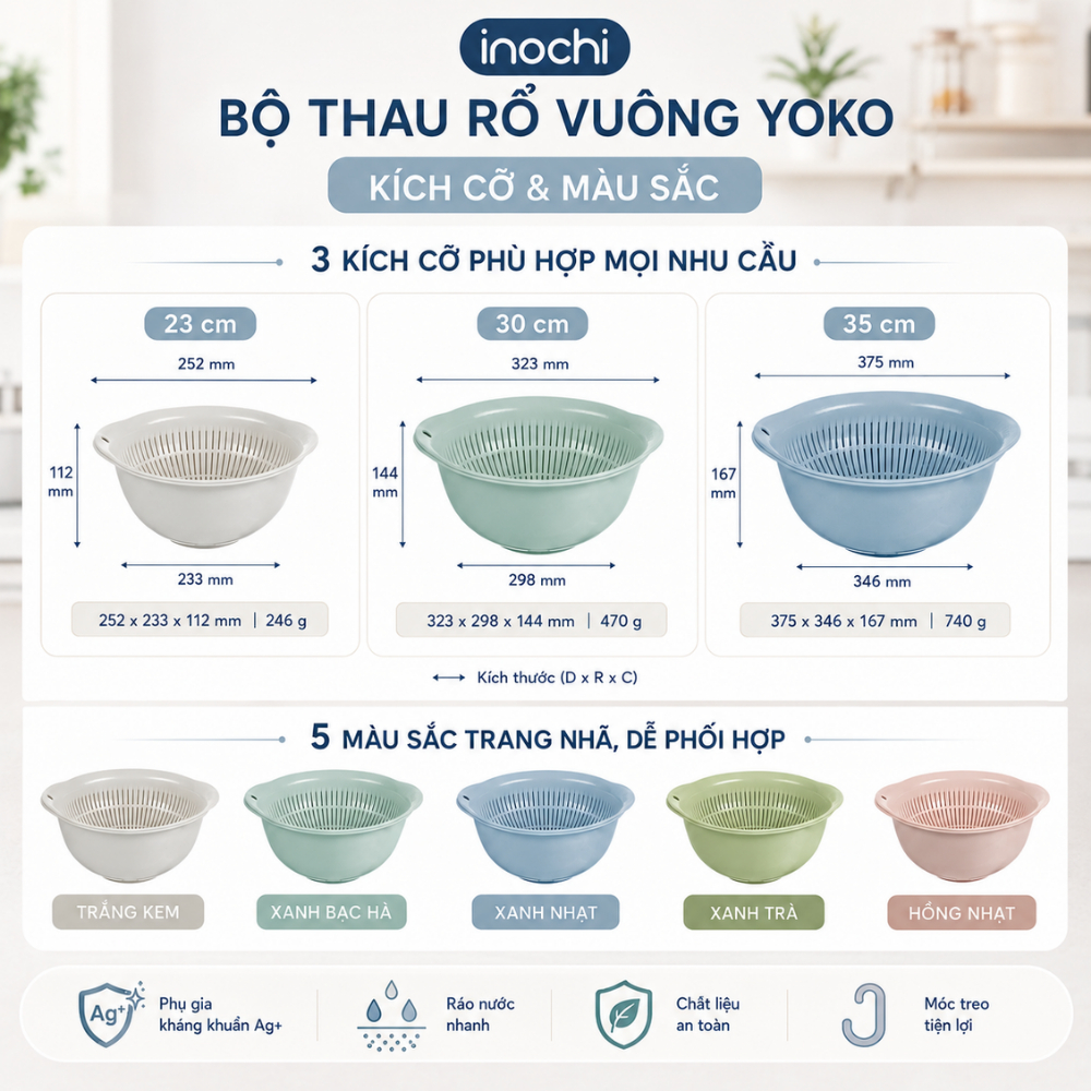 Bộ thau rổ cao cấp 23cm, 30cm, 35cm INOCHI tiêu chuẩn và phong cách nhật bản