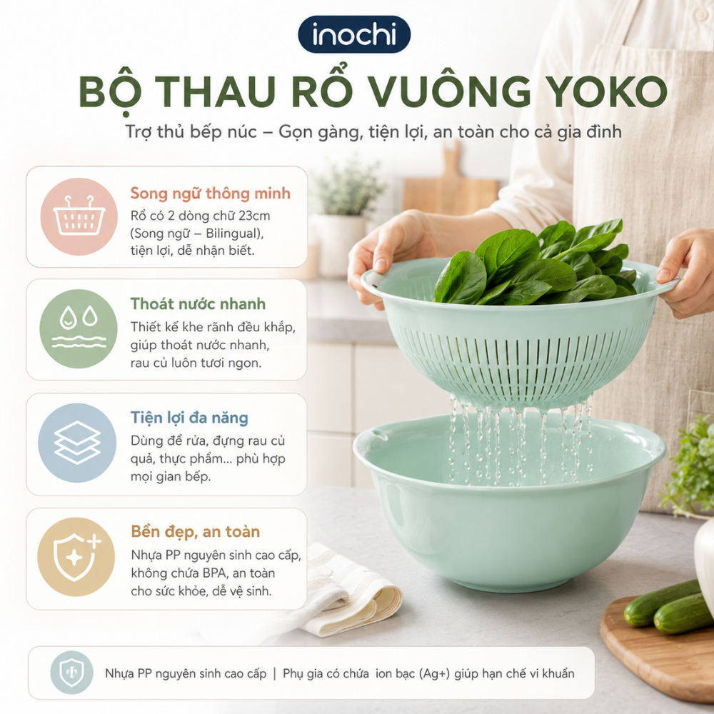 Bộ thau rổ cao cấp 23cm, 30cm, 35cm INOCHI tiêu chuẩn và phong cách nhật bản