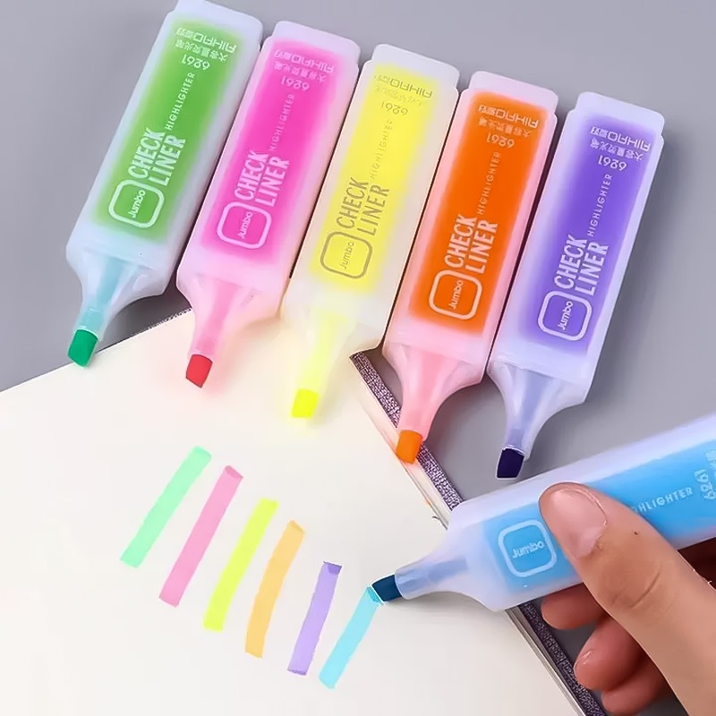 Bộ 6 bút dạ quang phẳng ngòi rộng nhanh khô màu bền, bút highlight đánh dấu ghi chép học sinh văn phòng