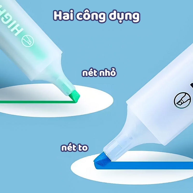 Bộ 6 bút dạ quang phẳng ngòi rộng nhanh khô màu bền, bút highlight đánh dấu ghi chép học sinh văn phòng